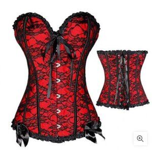 Red and black bow overbust jacquard corset small-6xL
